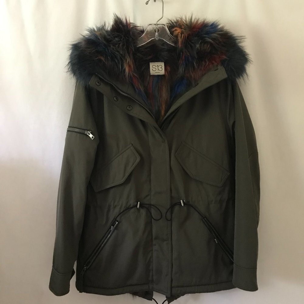 S13 New York Army Green Coat w/Multicolor Faux Fur